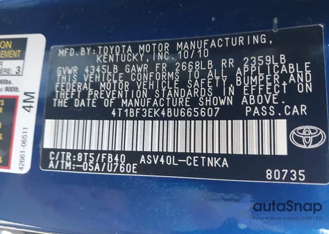 2011 Toyota Camry Le from USA, damaged, VIN 4T1BF3EK4BU665607